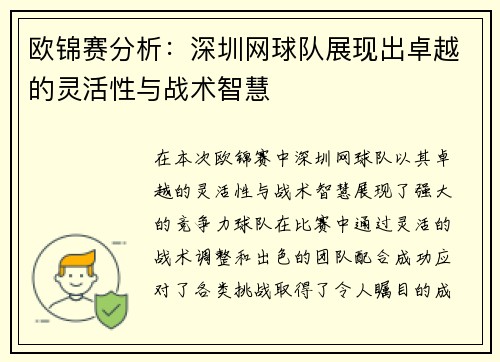 欧锦赛分析：深圳网球队展现出卓越的灵活性与战术智慧