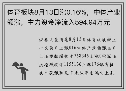 体育板块8月13日涨0.16%，中体产业领涨，主力资金净流入594.94万元