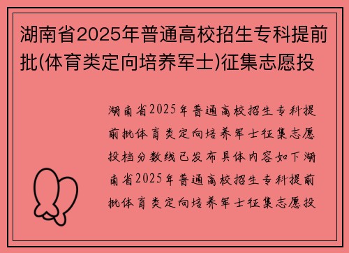 湖南省2025年普通高校招生专科提前批(体育类定向培养军士)征集志愿投档分数线